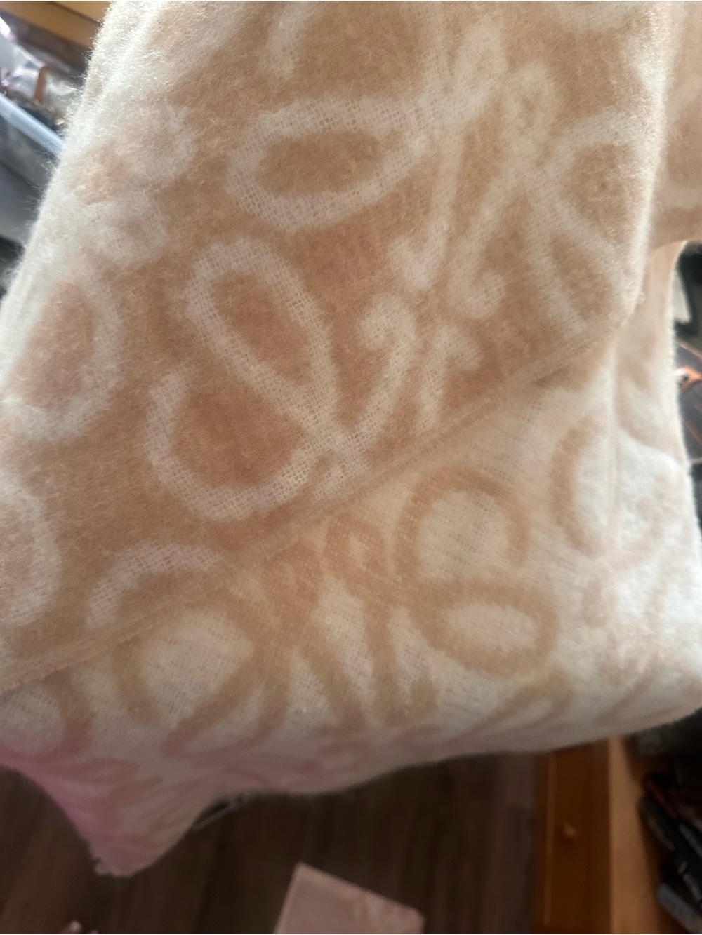 Beige & Cream Signature Logo Fringe Scarf Wrap - Picture 6 of 12